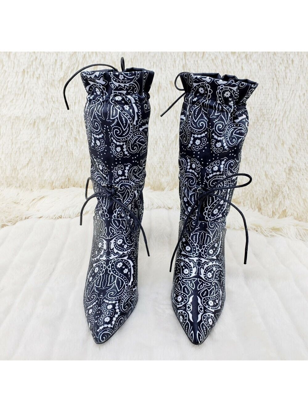 NIB Bandanna Madness Drawstring 4" Stiletto High Heel Mid Calf Boots Black - Picture 8 of 11